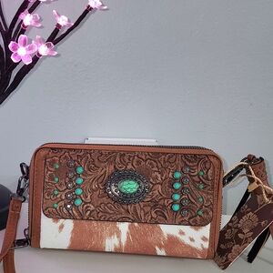 Turquoise-Accented Brown Cowhide Wristlet Clutch